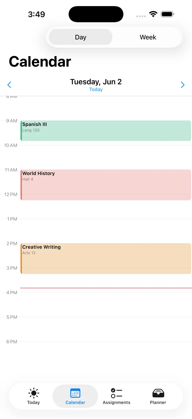 Coursepad day timetable with color-coded class blocks and a now-line