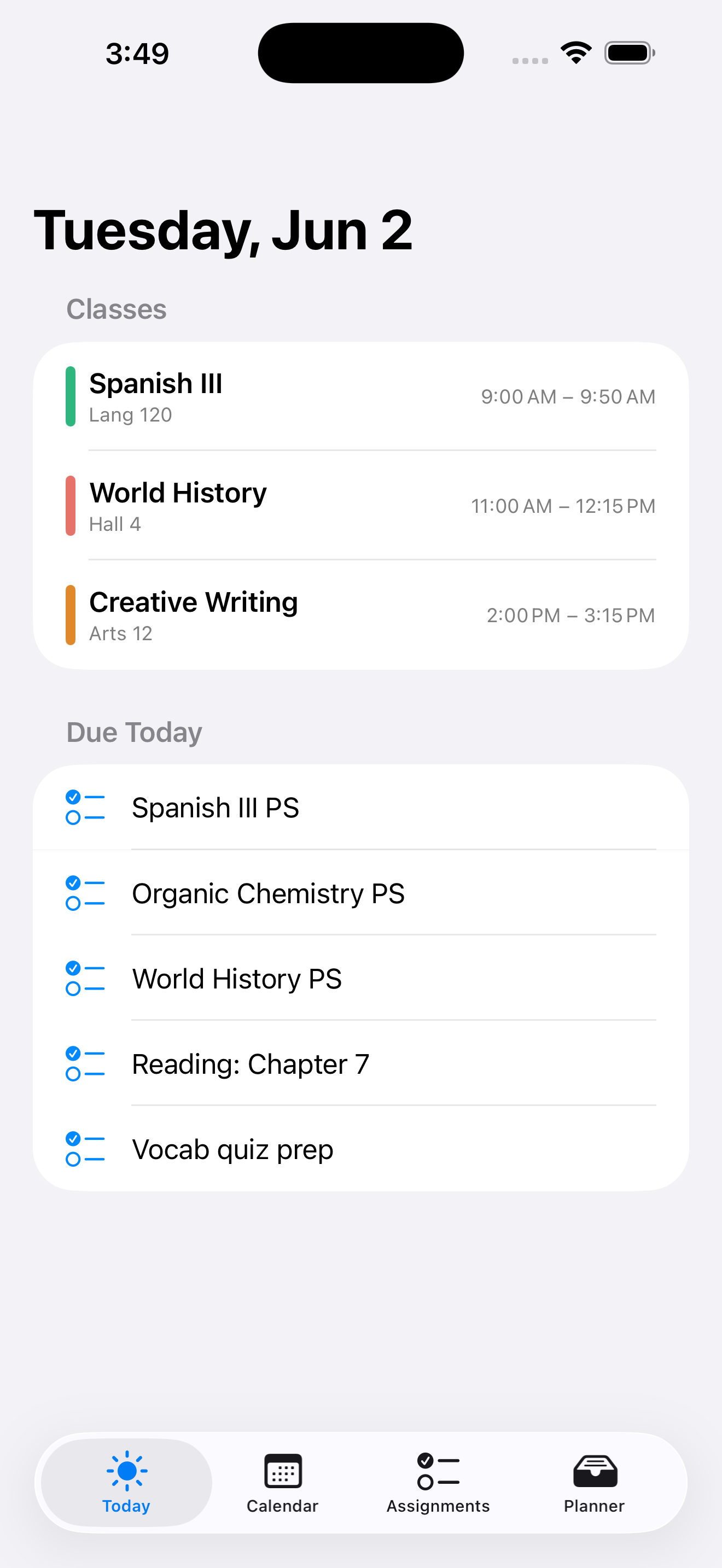Coursepad Today screen showing the day's classes and assignments due