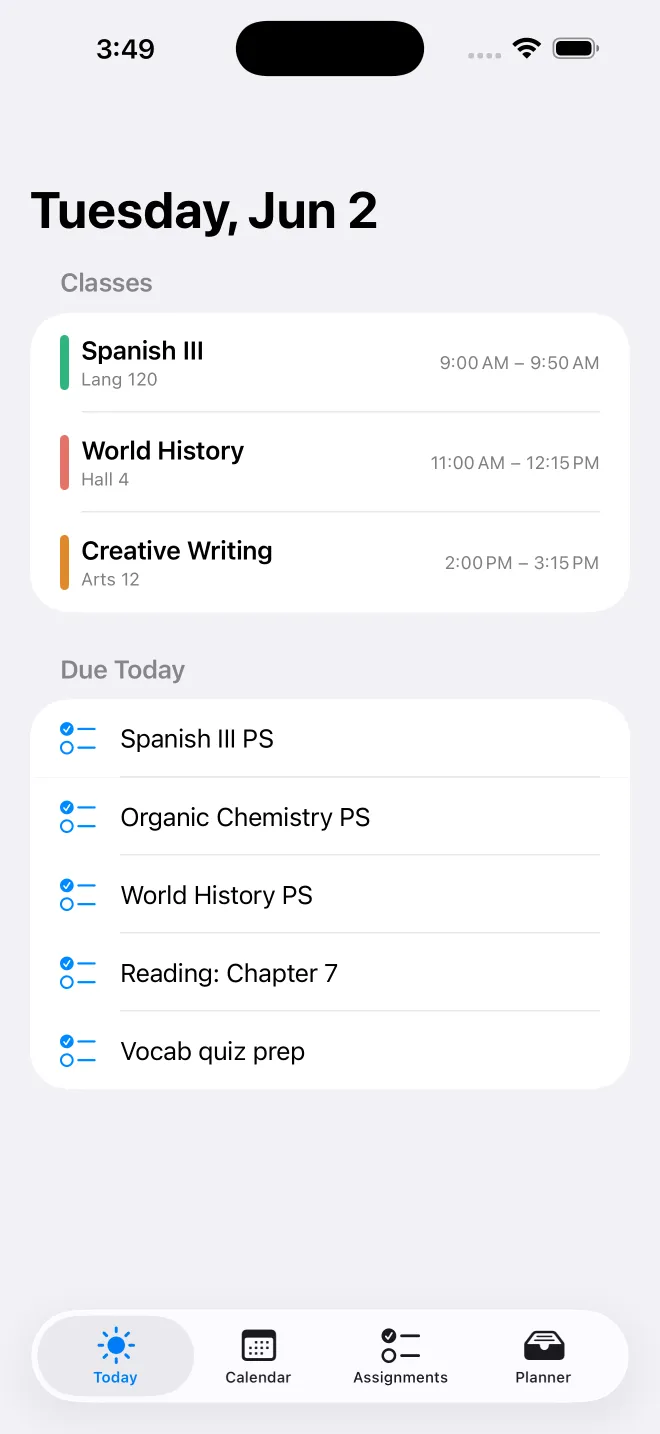 Coursepad Today screen showing the day's classes and assignments due