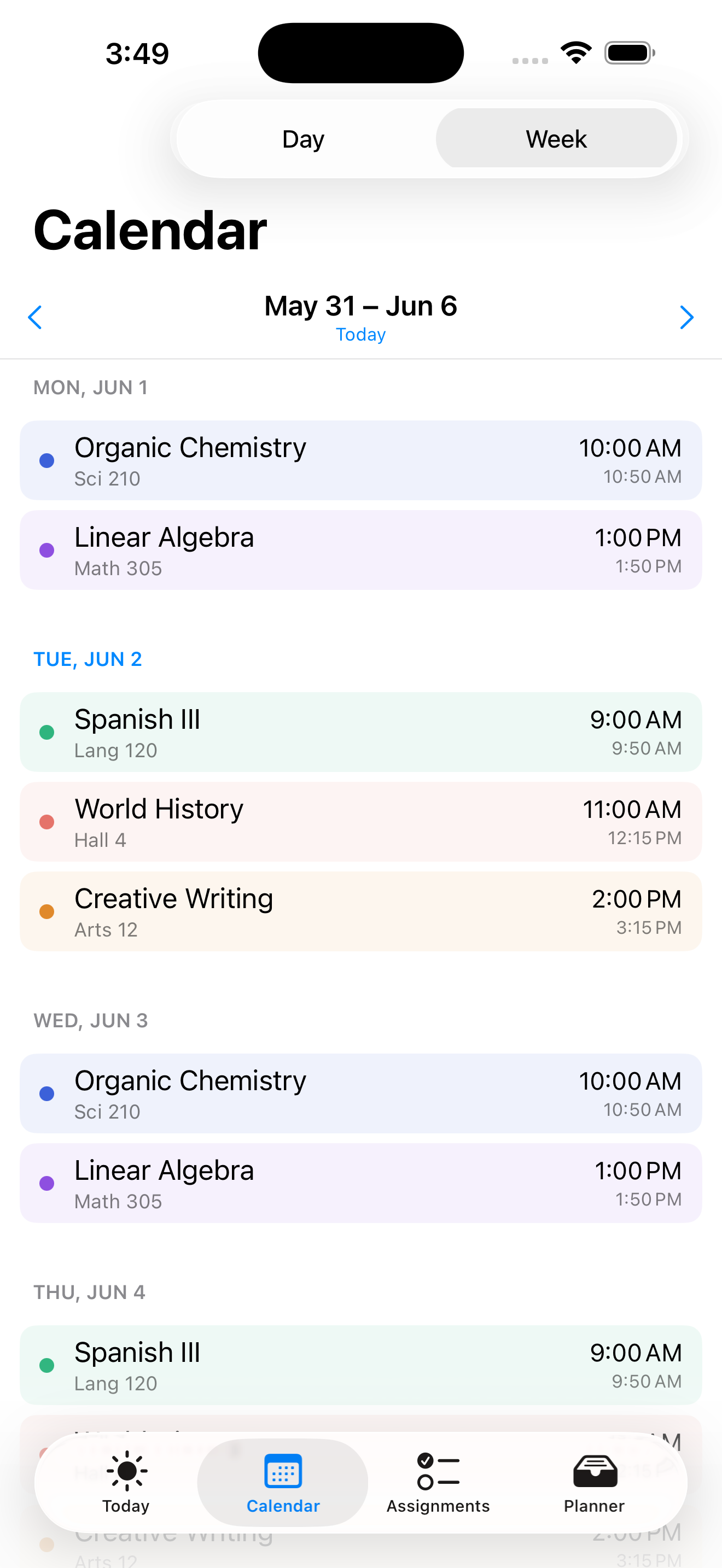 Coursepad week agenda grouped by day with color-coded classes