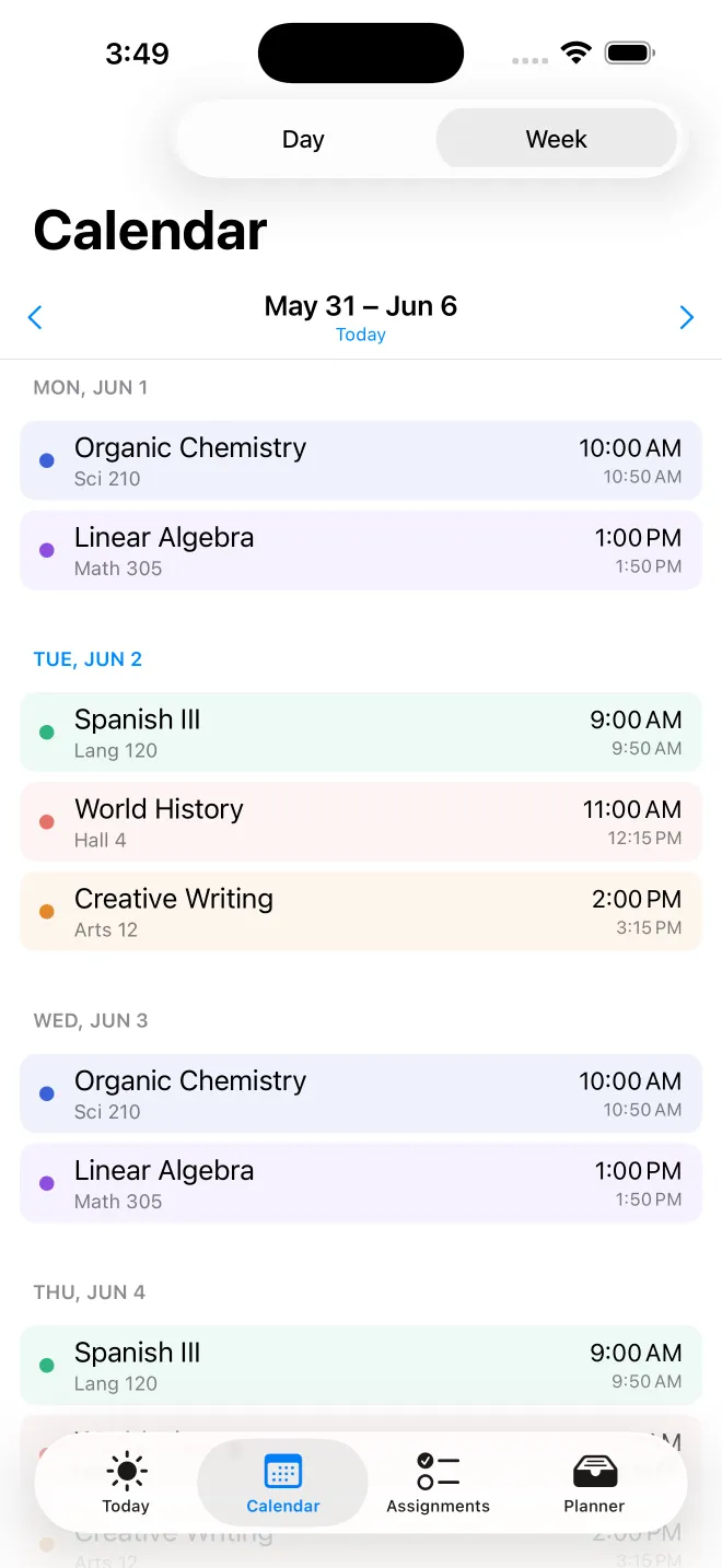 Coursepad week agenda grouped by day with color-coded classes